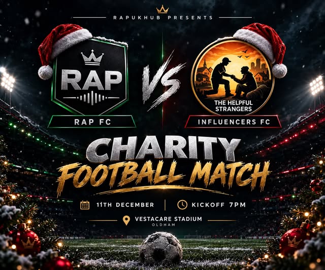 Rap FC versus Influencers FC charity football match poster